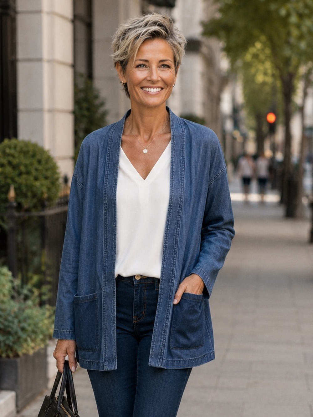 $258 EILEEN FISHER Open Kimono Jacket M Tencel Colorblock Midnight Denim - Picture 13 of 13